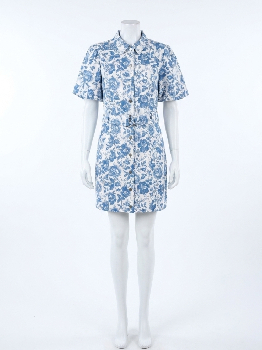 NEW FATE puff sleeve floral belted button-down dress in blue
